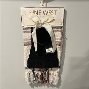 Nine West Black and Brown Beanie and Scarf Set